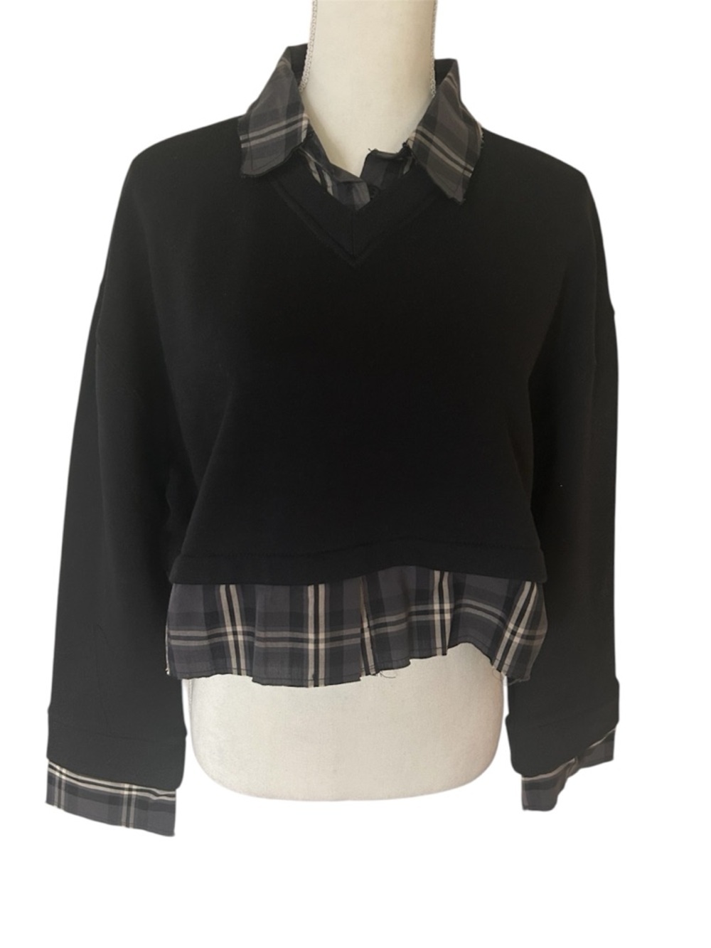 Zara Faux Layered Plaid Cropped Sweatshirt